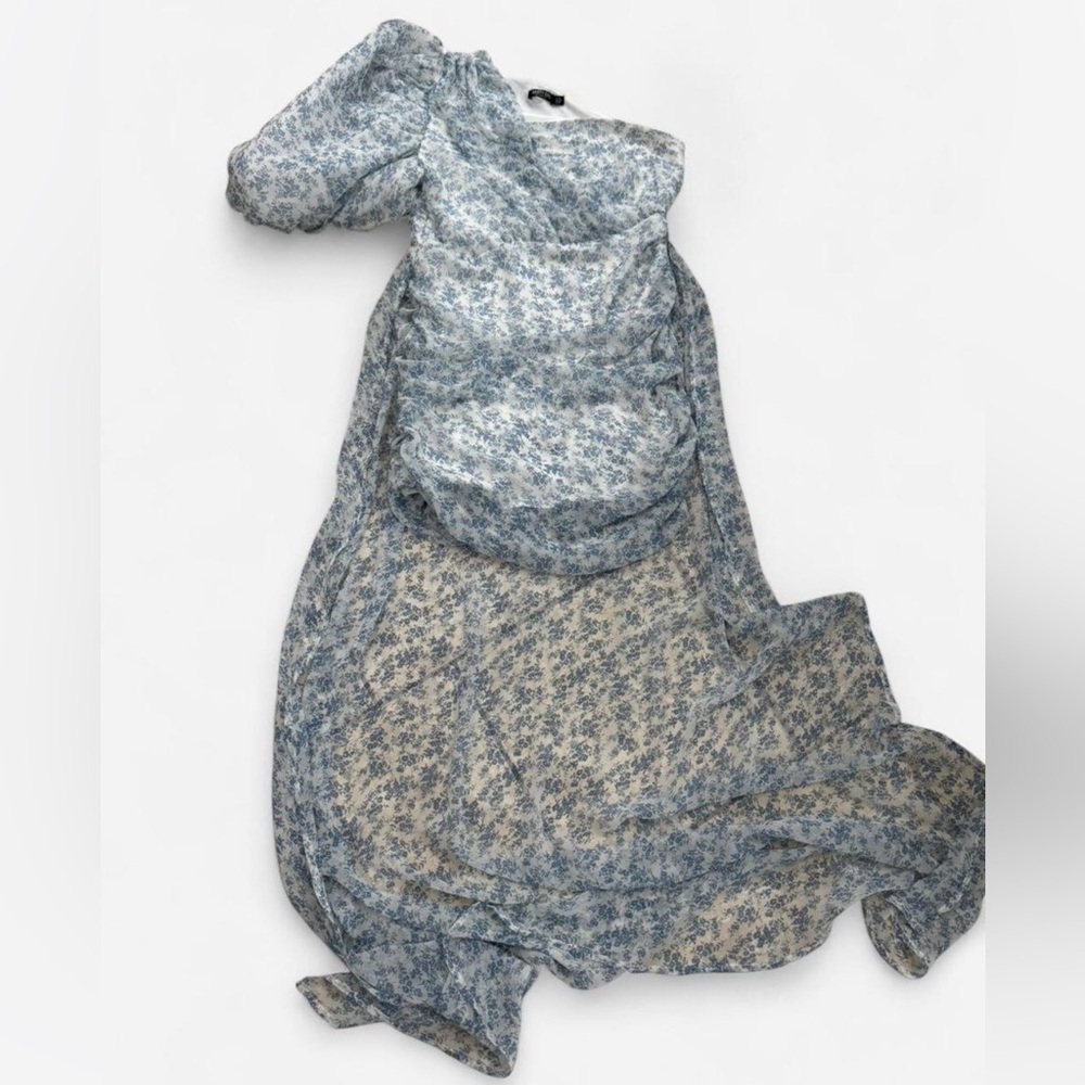 Nasty Gal 14 Blue/white Floral ruched one shoulder puff sleeve hi lo Dress